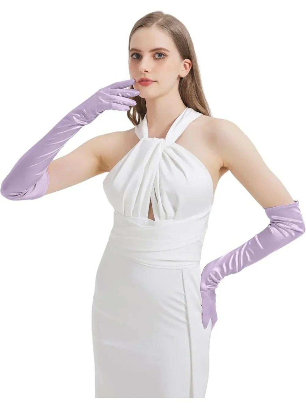 Women's Light Purple Satin Opera Elbow Length 1920s Flapper Long Gloves Party